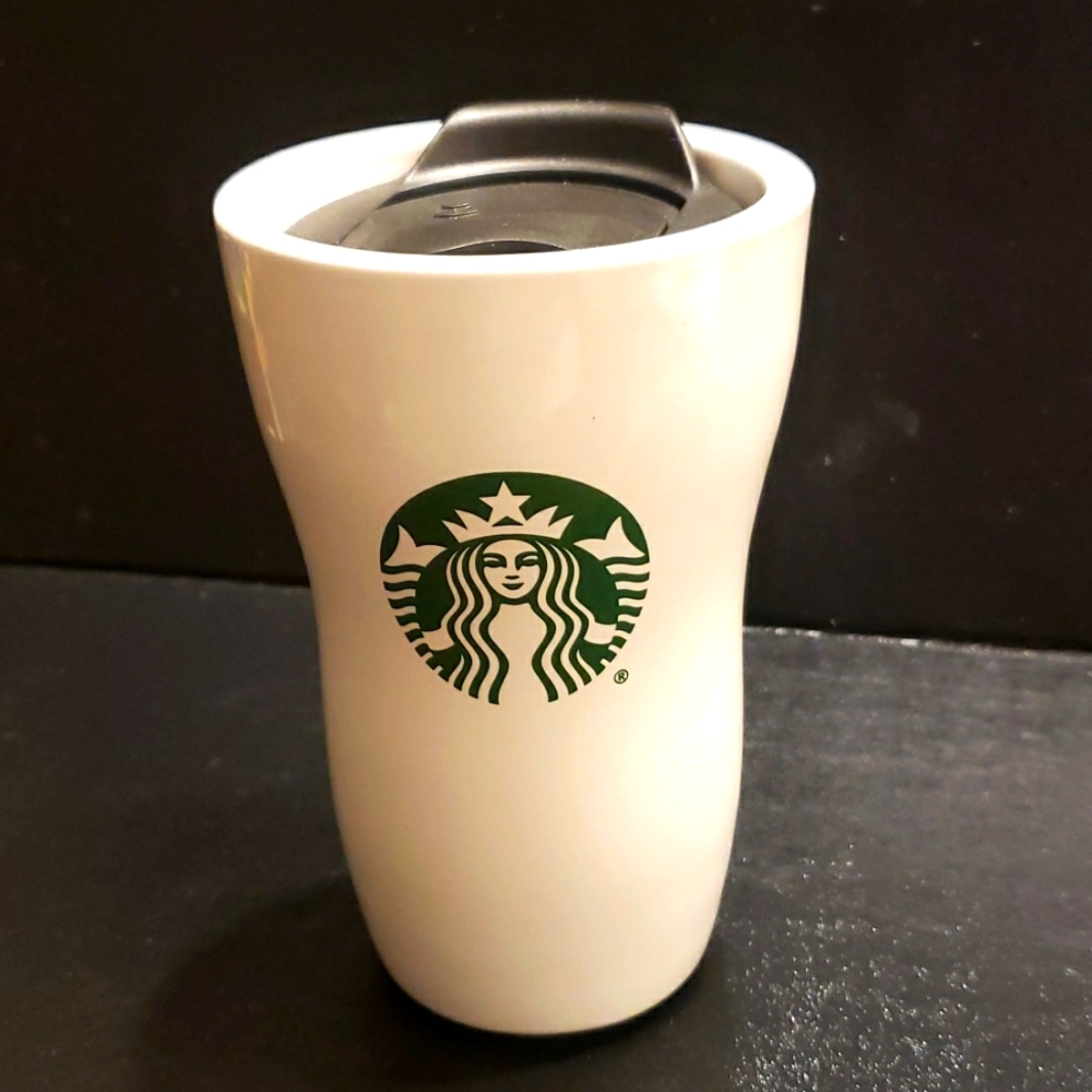 Starbucks coffee curvy travel tumbler  9oz siren logo white ceramic w/Black lid
